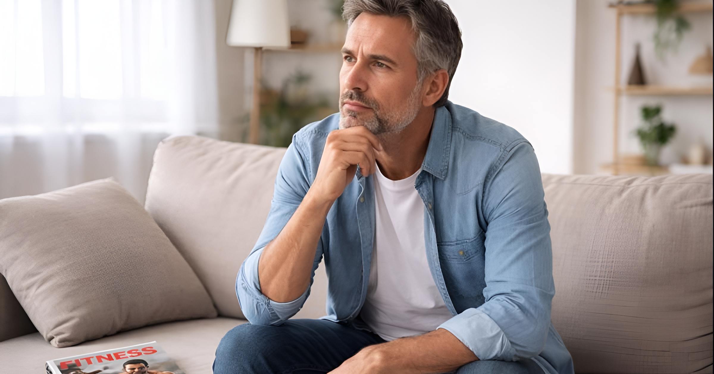 A bearded man sits on a gray couch, leaning forward with his hands clasped near his face, looking thoughtful and concerned in a bright living room.
